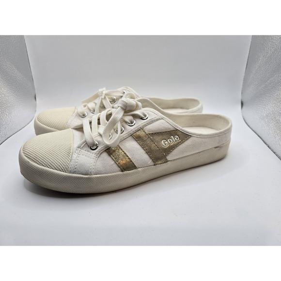 Gola Coaster Mule Mirror Sneakers Shoes Womens Size 8 Gold White Slip On Comfort - Picture 1 of 7